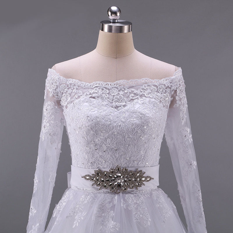 The Beryl :: Off Shoulder Boat-Neck Lace Long Sleeve  Ball Gown Style Wedding Dress