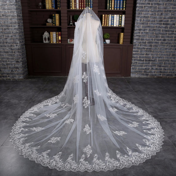 White Ivory Wedding Veil 5M 2T Cathedral Length Long Train Bridal Lace  Appliques