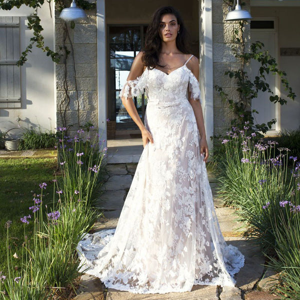 The Priscilla :: Floral Lace A-Line Wedding Dress – Broke Bride