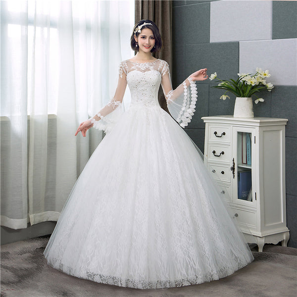 The Scarlet :: Lace Bell Sleeve Corset Back Ball Gown Style Wedding Dr –  Broke Bride Dresses