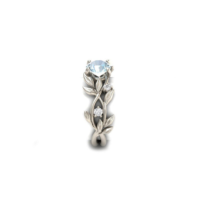 Silver Leaves & Vines with Blue Cubic Zirconia Wedding Band