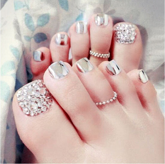24 Pcs Fashion 3D Women\'S Silvery Bridal Wedding Nails Glitter