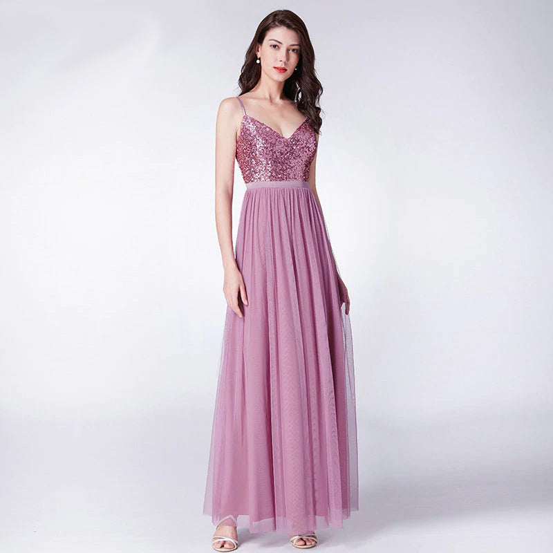 Dazzling A-line V-Neck, Low back Sequinned & Chiffon Bridesmaid Dress