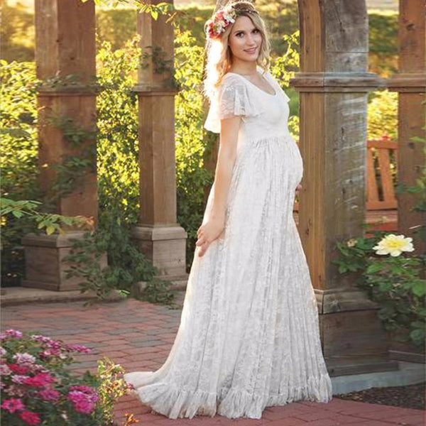Chic Lace Boho Maternity Wedding Dress For Photo Shoot With Short Sleeves  Split Front Pregnant Gown Court Train Custom Made Maxi Dress From  Weddingteam, $82.5