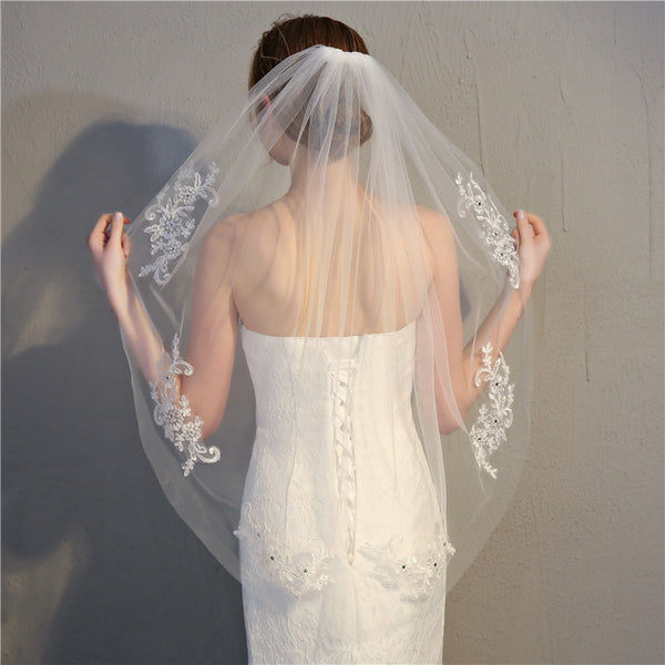 Wedding Veils Bridal Veils Short One Layered Waist Length Beaded Diamond  Applique White 
