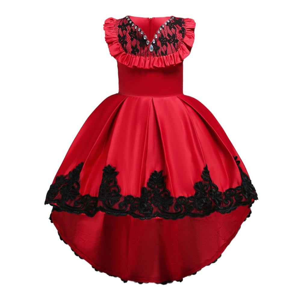 Satin High-Low Style Bib Lace Trimmed Flower Girl Dress - Available in 5-Colors.