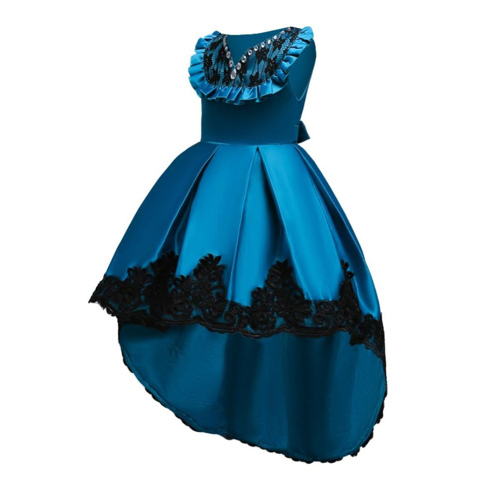 Satin High-Low Style Bib Lace Trimmed Flower Girl Dress - Available in 5-Colors.