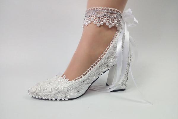 Model 2322 Love Moments Lace Square Heel Lace & Pearl Anklet Heels