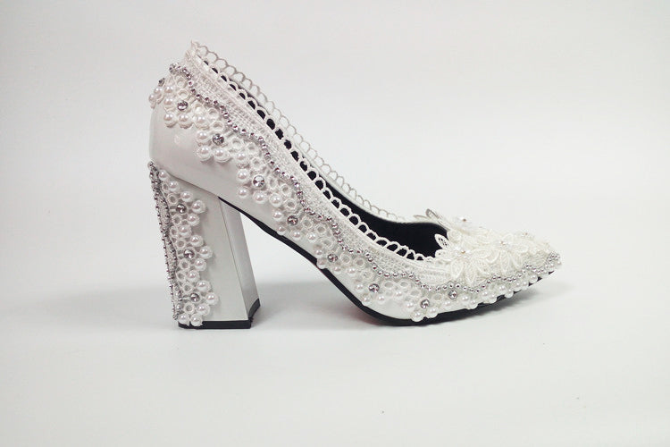 Model 2322 Love Moments Lace Square Heel Lace & Pearl Anklet Heels