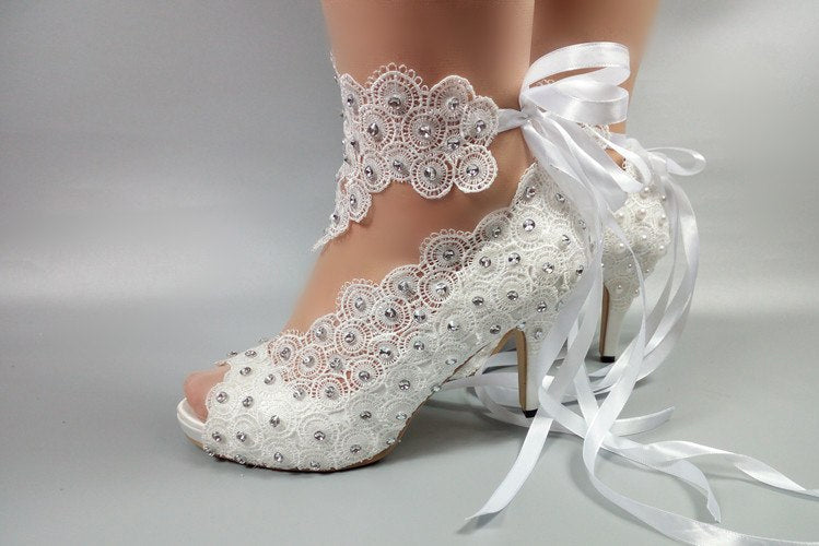 Model 2338 Polka Dot Crystals & Lace Bridal Heels