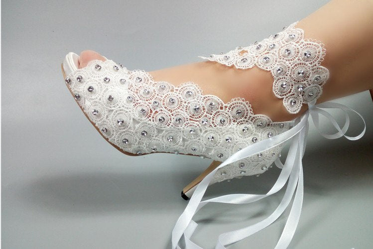 Model 2338 Polka Dot Crystals & Lace Bridal Heels