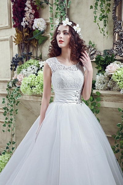 The Arbelle Vintage Cap Sleeve Lace, Tulle & Satin Wedding Dress