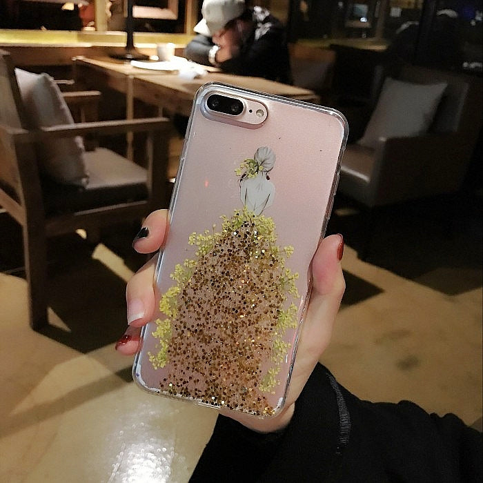 Handcrafted Dried Flowers & Glitter Dress Bridal Phone Cover - Available in 5 Colors