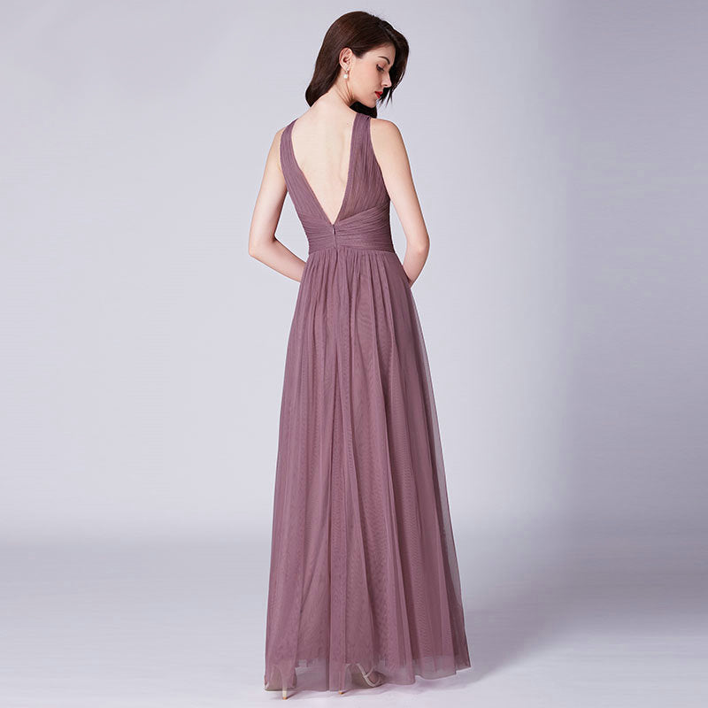 Dusty Pink A Line Open Back Ruched Waist Bridesmaids Dress