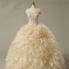 The Goldie :: Shimmering Pale Gold Organza with Beaded Bodice Corset Back  Quinceanera Ball Gown