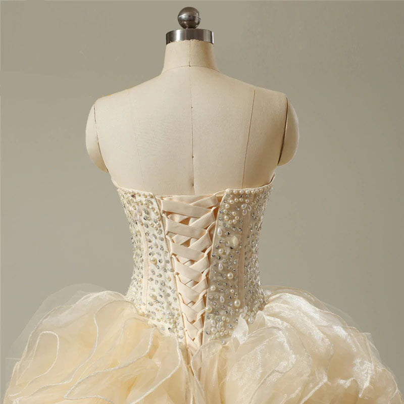 The Goldie :: Shimmering Pale Gold Organza with Beaded Bodice Corset Back  Quinceanera Ball Gown