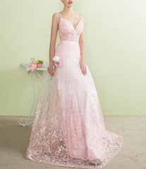 Open Back Pink Lace Evening or Formal Gown