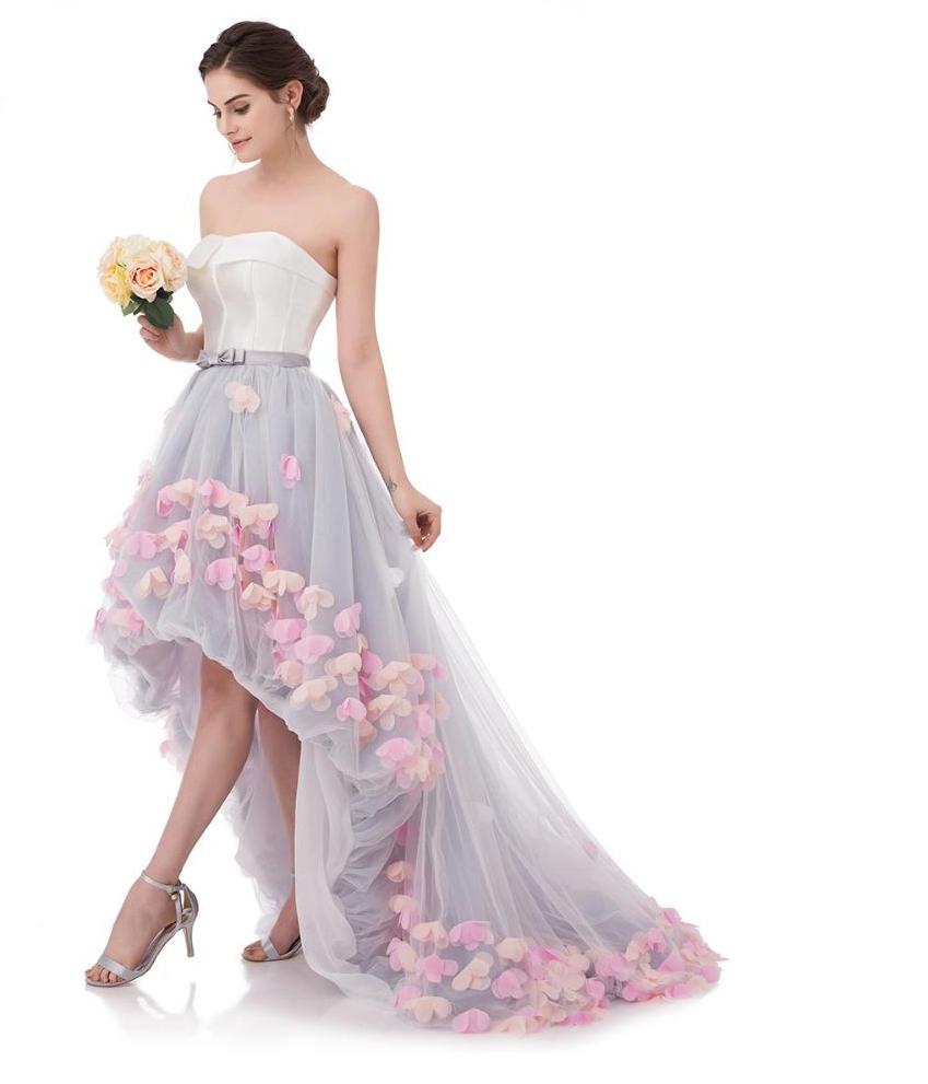 Strapless High-Low Lace Flower Gown