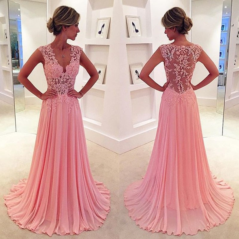 Pink Lace V Neck Chiffon Evening Gown