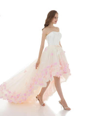 Strapless High-Low Lace Flower Gown