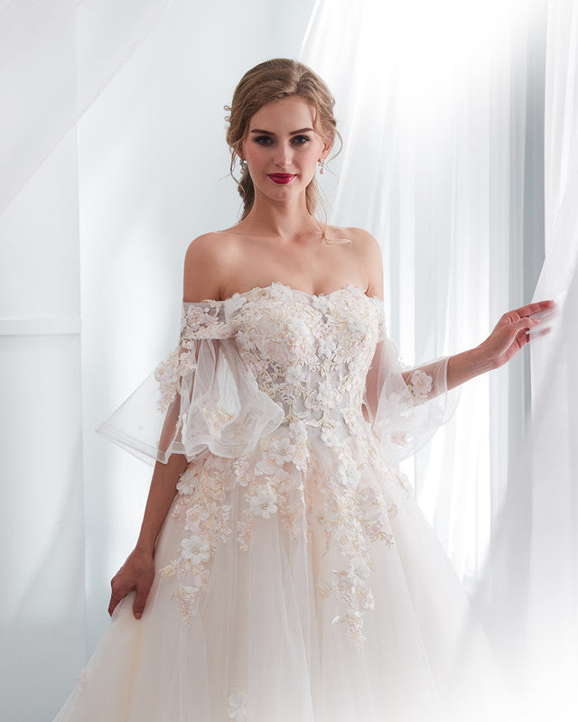 The Alexis :: Light Champagne Off Shoulder Illusion Top Wedding Gown