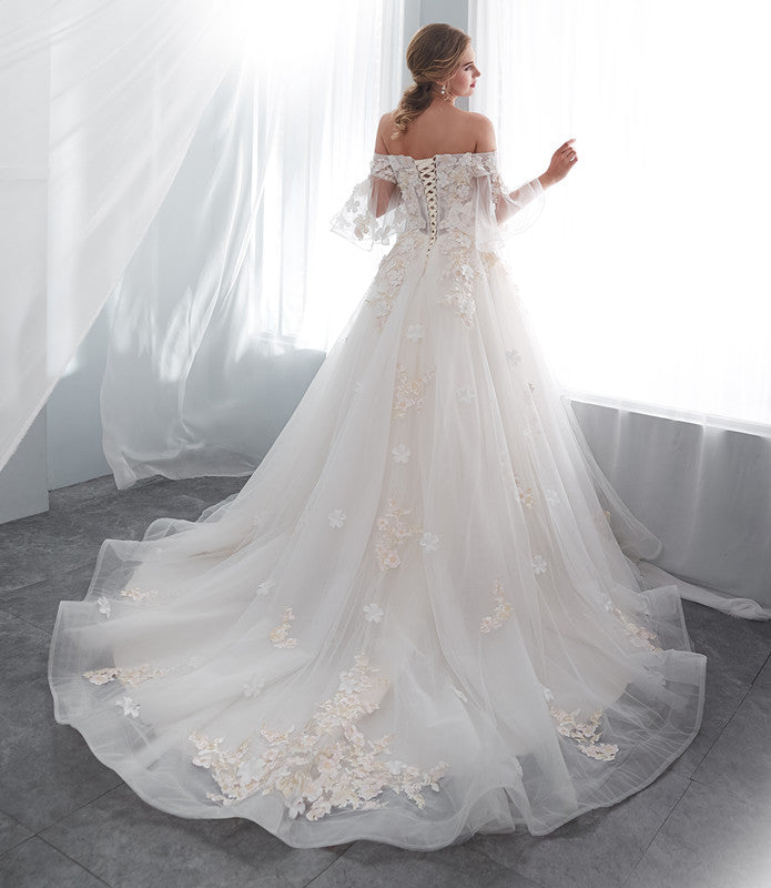 The Alexis :: Light Champagne Off Shoulder Illusion Top Wedding Gown