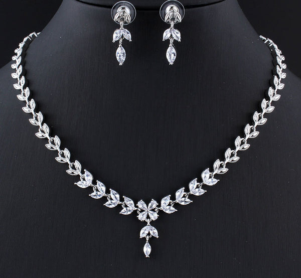 Silver Leaves CZ Necklace & Earring Set