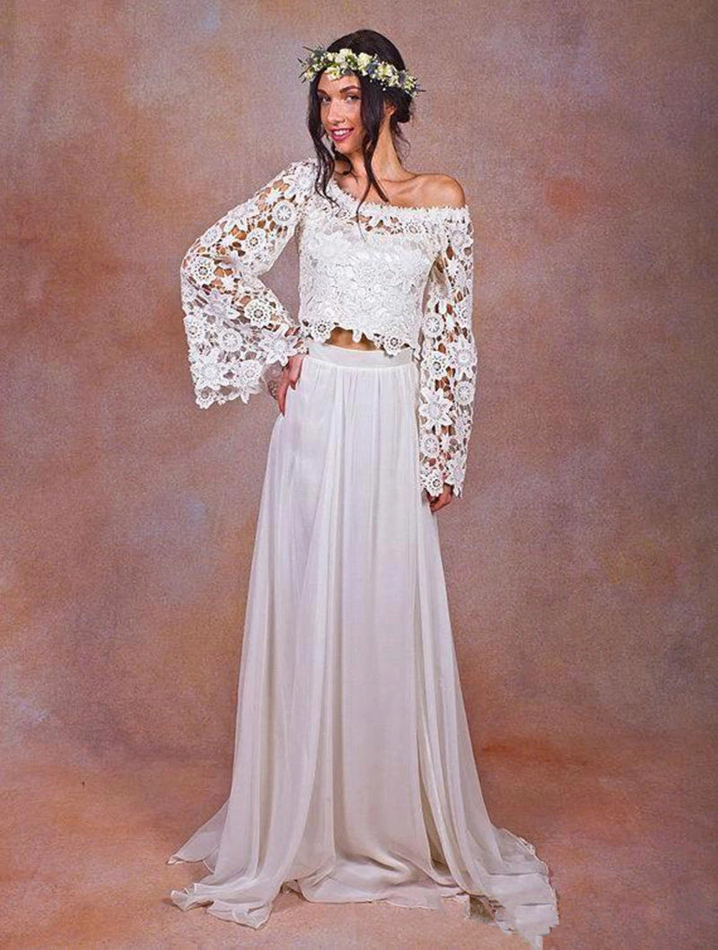 Style 4456  :: 2-Piece Guipure Lace Bell Sleeve Boho Beach Wedding Dress - Avail Up to Size 28W