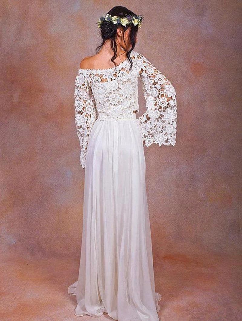 Style 4456  :: 2-Piece Guipure Lace Bell Sleeve Boho Beach Wedding Dress - Avail Up to Size 28W