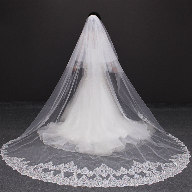 Janes Dress Studio Long Lace Wedding Veil 3 Meters Long Cathedral Bridal Veil with Hair Comb
