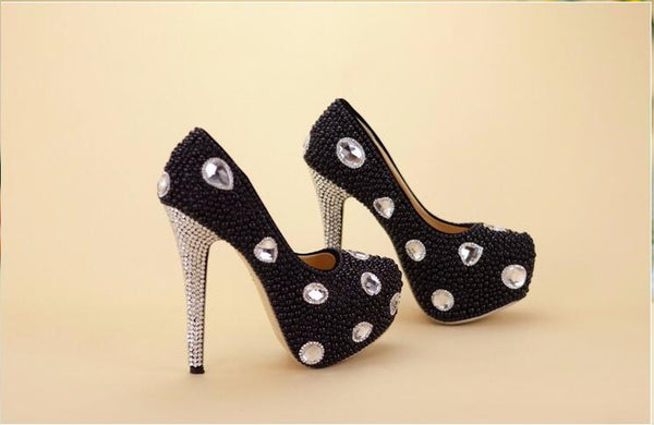 Model # 2312 Black Polka Dot Pearls & Crystals Ultra Heels
