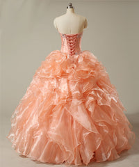 Peaches :: Shimmering Peach Organza with Beaded Bodice Corset Back  Quinceanera Ball Gown