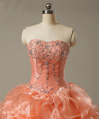 Peaches :: Shimmering Peach Organza with Beaded Bodice Corset Back  Quinceanera Ball Gown