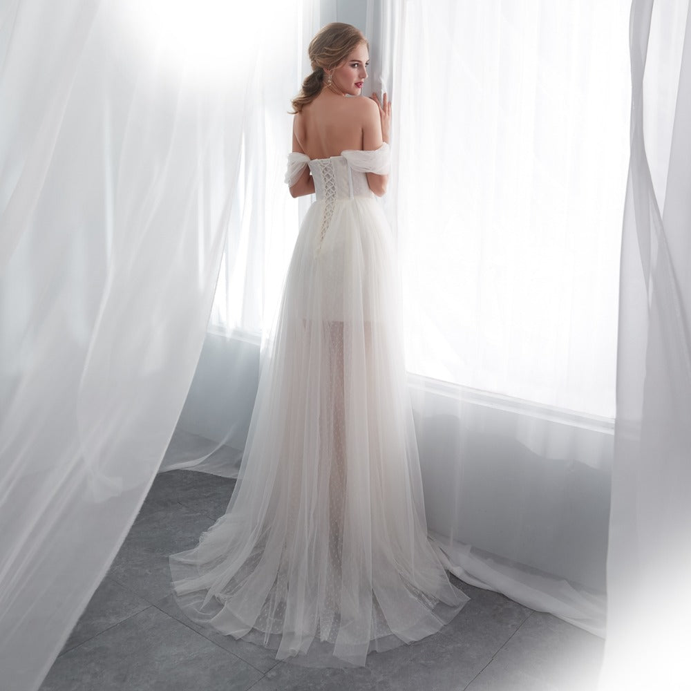 The Phoebe :: Off Shoulder Dot Tulle Corseted beach Wedding Dress ::Available up to Size 26W