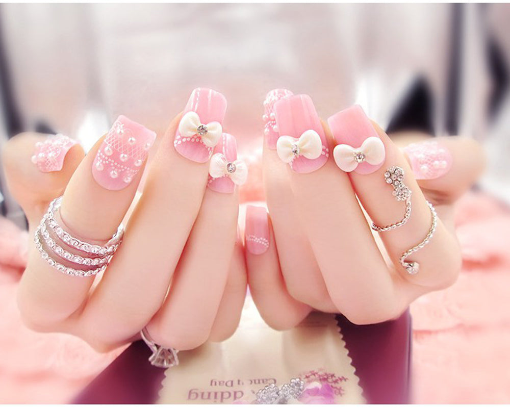 3D Pink Pearls and Bows – 24 Piece Wedding Nail Set