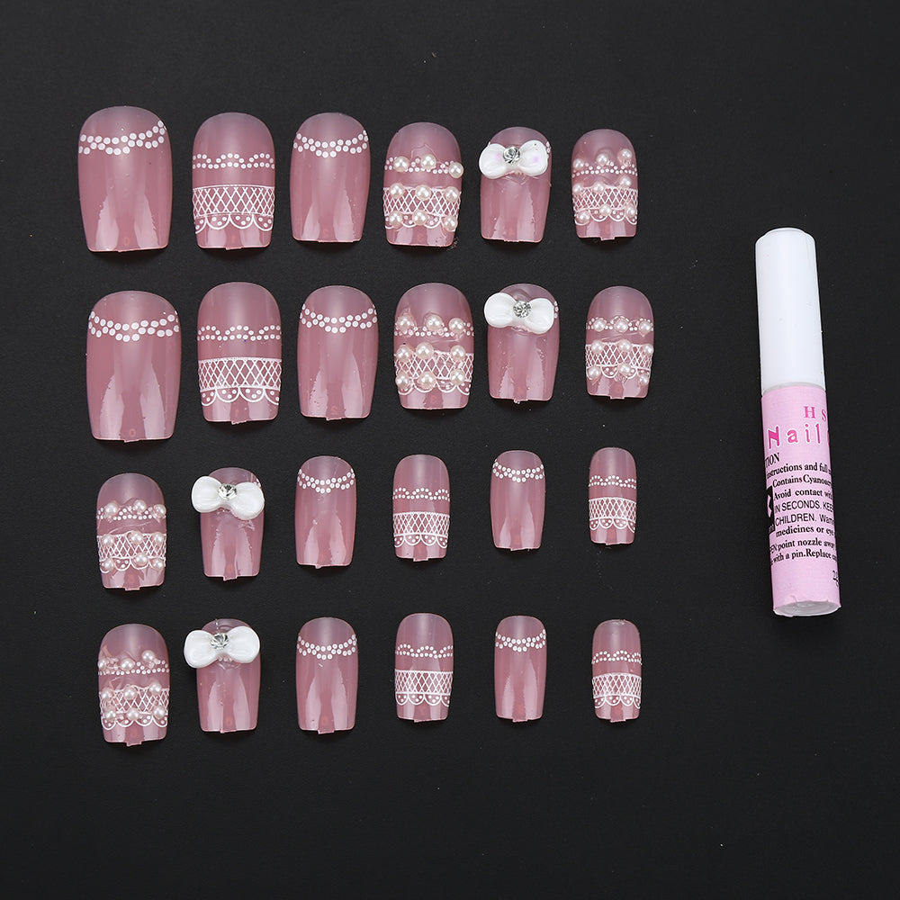 3D Pink Pearls and Bows – 24 Piece Wedding Nail Set