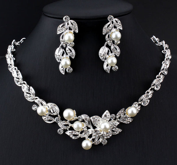 Crystal Poinsettias & Pearls Necklace & Earring Set