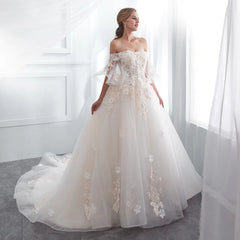 The Poppy :: 3D Lace Off Shoulder Bell Sleeve Corset Back Ball Gown Style Wedding Dress