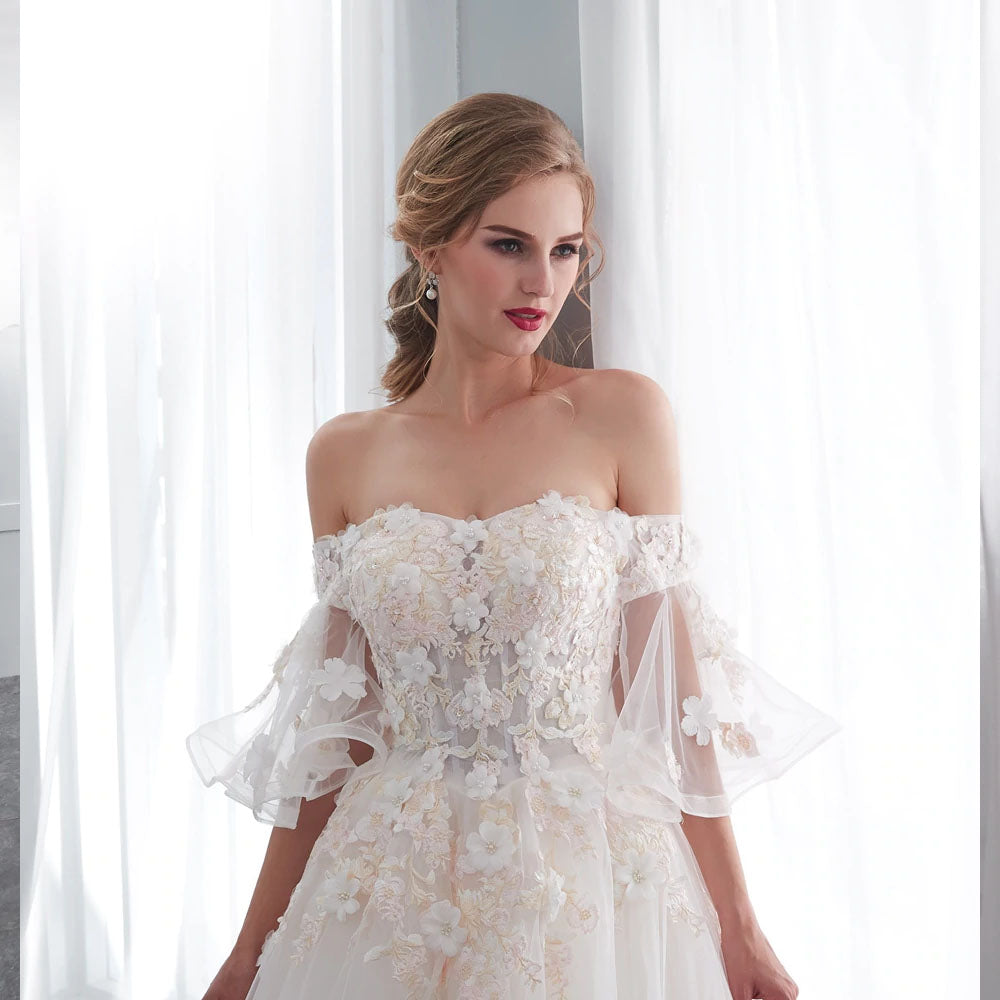 The Poppy :: 3D Lace Off Shoulder Bell Sleeve Corset Back Ball Gown Style Wedding Dress
