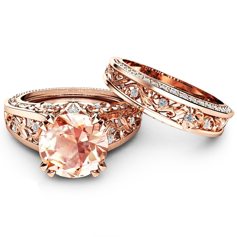 Luxury Peach CZ Solitaire in Carved Leaf Rose Gold Wedding Band Set