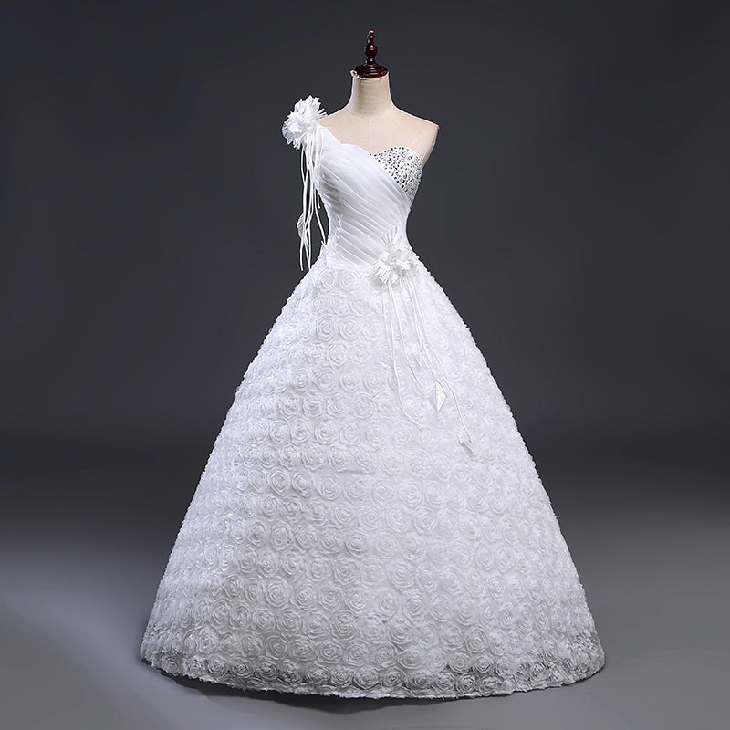 Rosette A-Line Side Shoulder Wedding Dress - Avail Up to 28 W