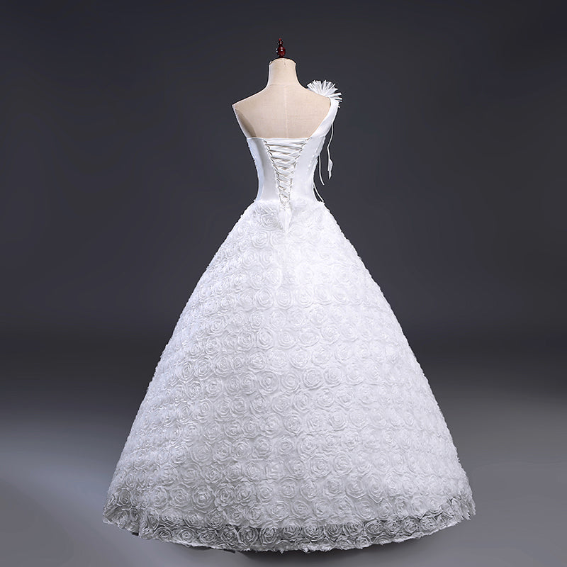 Rosette A-Line Side Shoulder Wedding Dress - Avail Up to 28 W