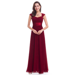 Traditional Style High Satin Waist Cap Sleeve Chiffon Bridesmaid Dress