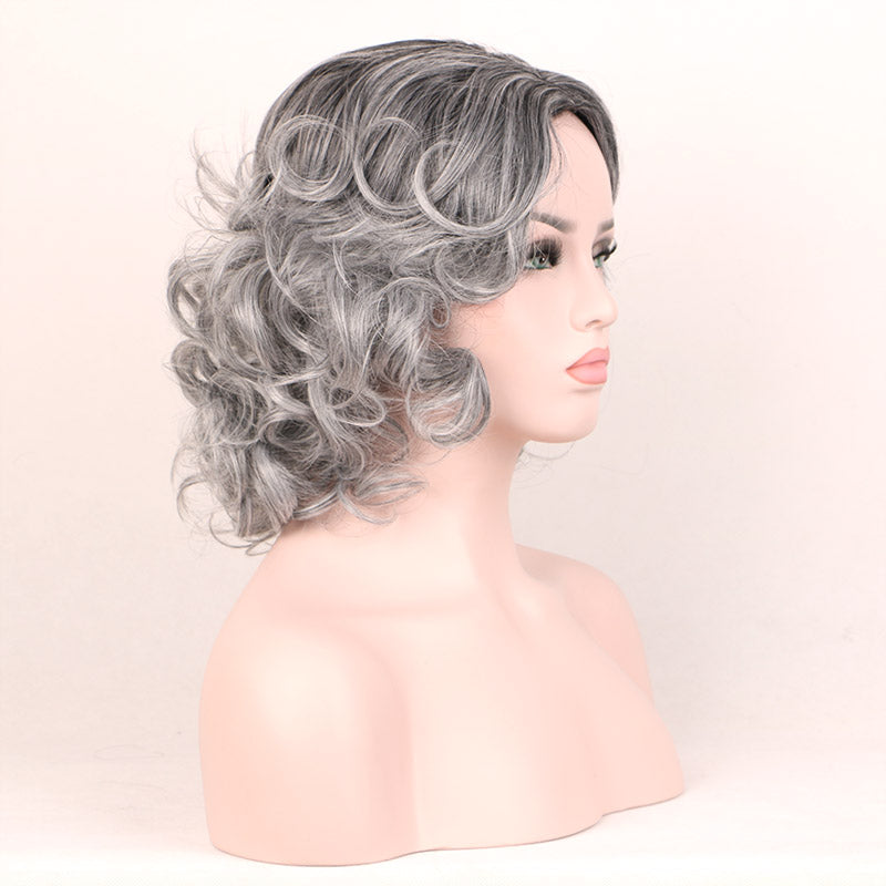 Tone Gray & Black Ombre Synthetic Short Curly Wig -