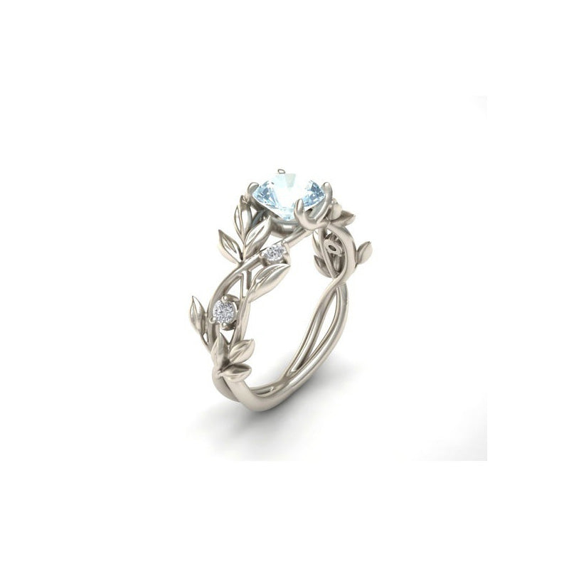 Silver Leaves & Vines with Blue Cubic Zirconia Wedding Band