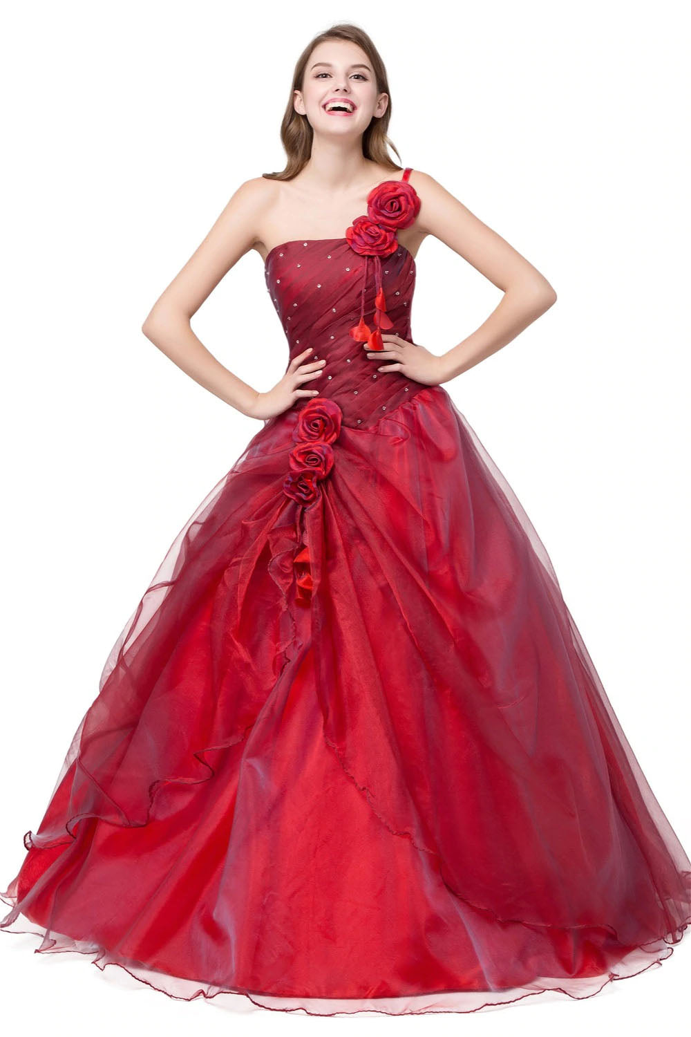 The Sonora :: Satin Roses & Shimmering Red Organza Quinceanera Ball Gown