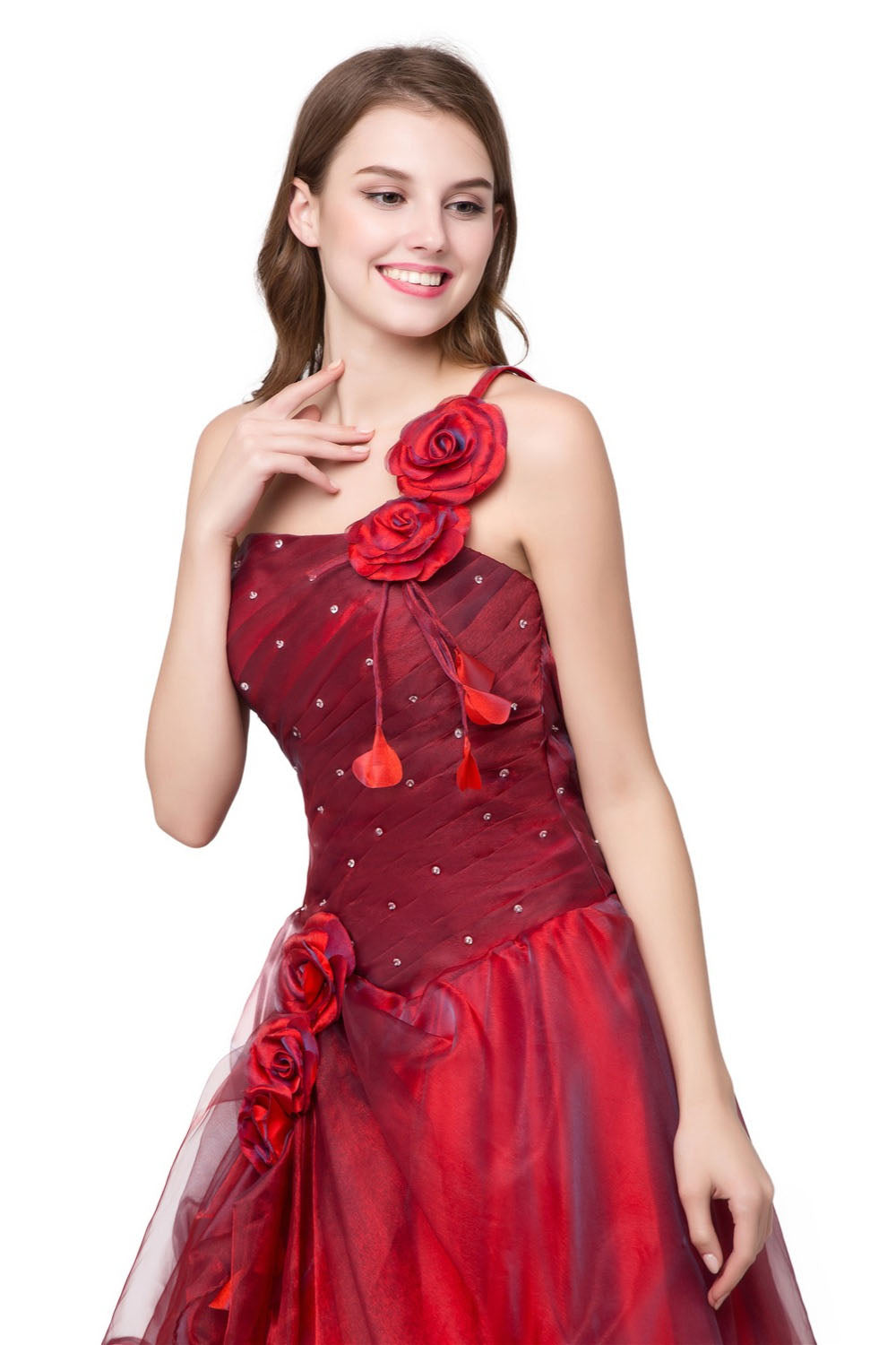 The Sonora :: Satin Roses & Shimmering Red Organza Quinceanera Ball Gown