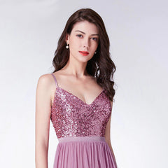 Dazzling A-line V-Neck, Low back Sequinned & Chiffon Bridesmaid Dress