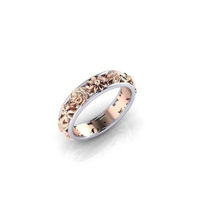 Two Tone Floral Carved Wedding Band
