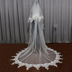 The Victoria – Handmade Antique Lace Trimmed Cathedral Bridal Veil  w/ Blusher Layer